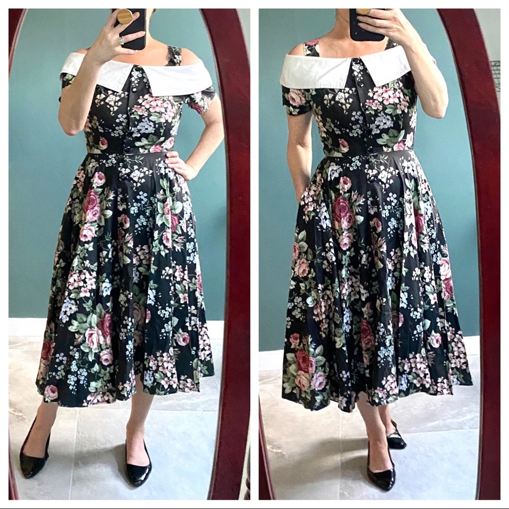DAWN JOY floral dress midi vintage 80s POCKETS button down cottagecore print